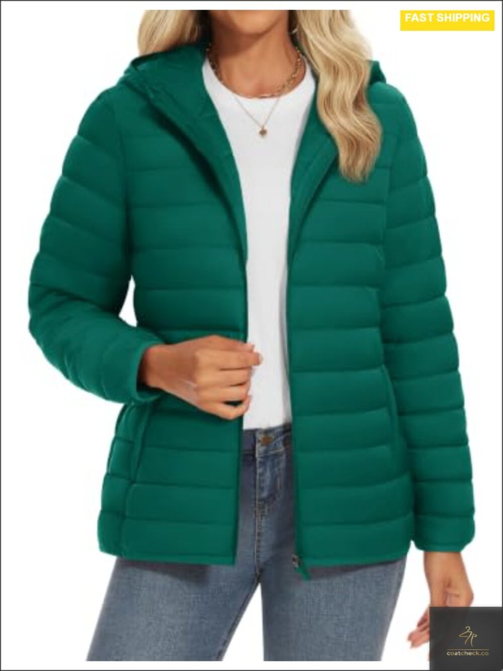 Women's Lightweight Quilted Puffer Jacket with Hood Fluffy Long Sleeve Zip Coat